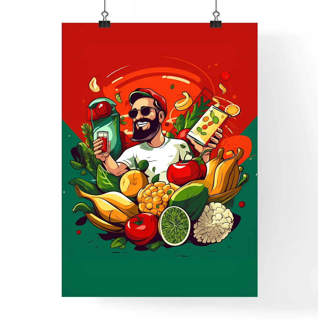 Man Holding A Drink And A Bottle Of Juice Ar Poster