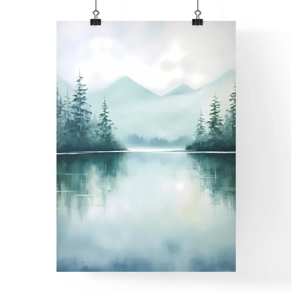 Painting Of A Lake With Trees And Mountains  Poster