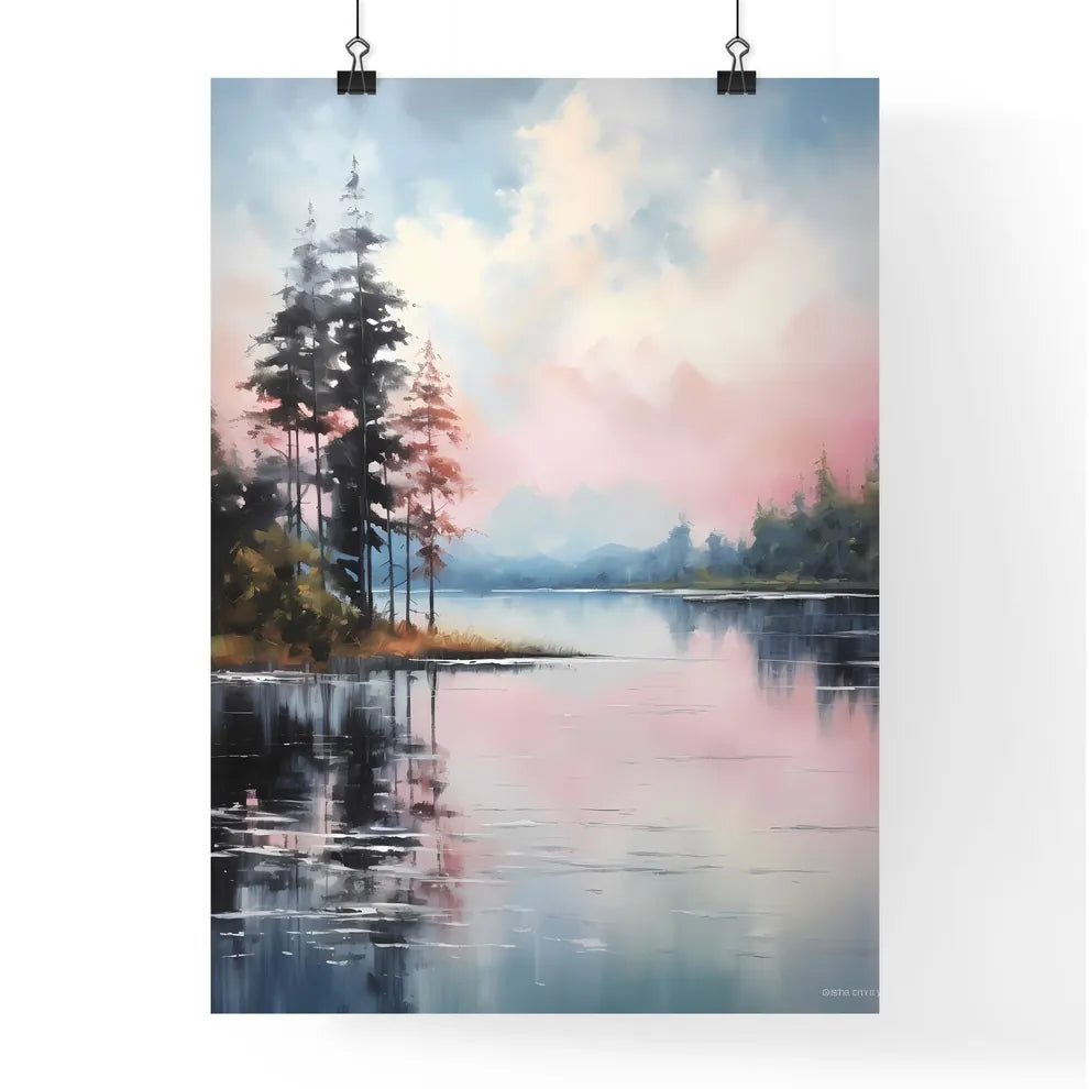 Painting Of A Lake With Trees And Mountains  Poster