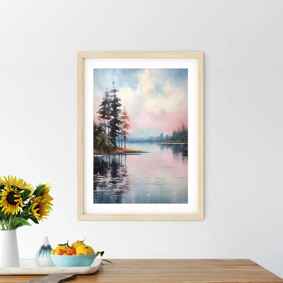Painting Of A Lake With Trees And Mountains  - Kitchen Hangings