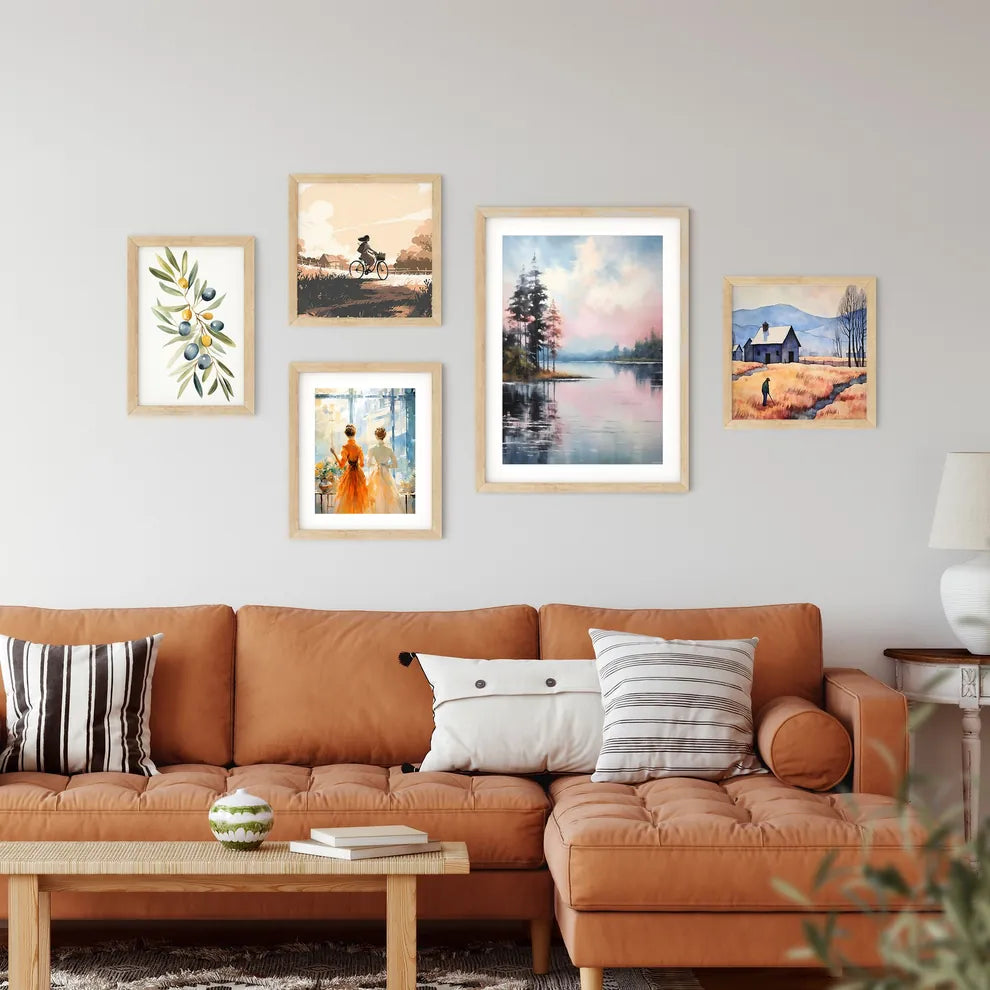 Painting Of A Lake With Trees And Mountains  Framed Print