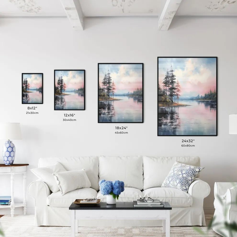 Painting Of A Lake With Trees And Mountains  Wall Art