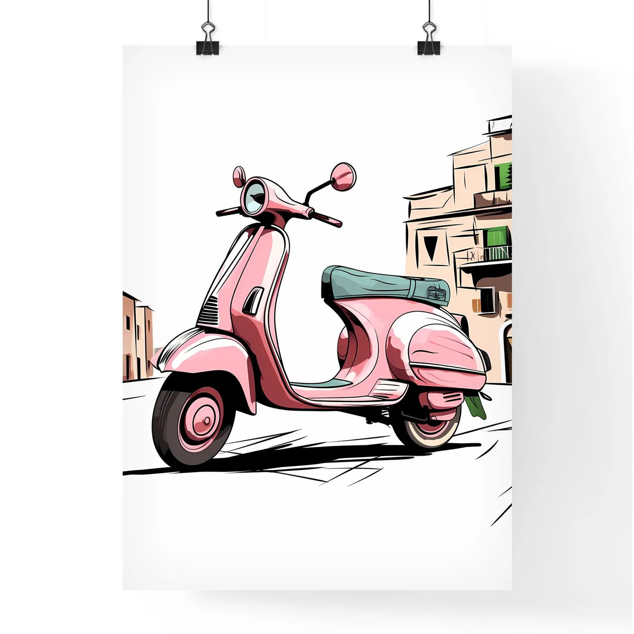 Pink Scooter On A Street Art Prin Poster