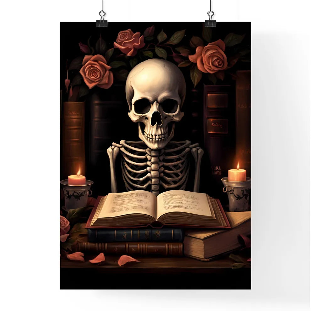 Skeleton Sitting In Front Of A Book And Cand Poster