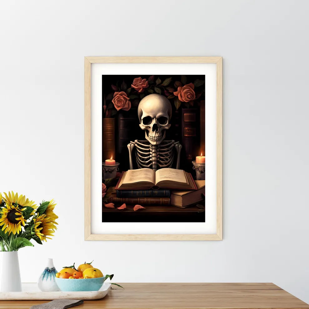 Skeleton Sitting In Front Of A Book And Cand - Kitchen Hangings