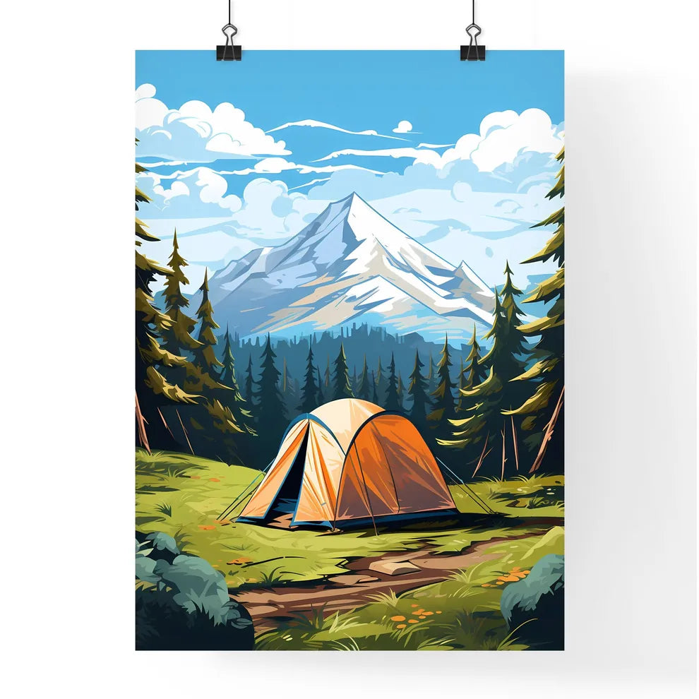 Tent In A Forest With Trees And Mountains In Poster
