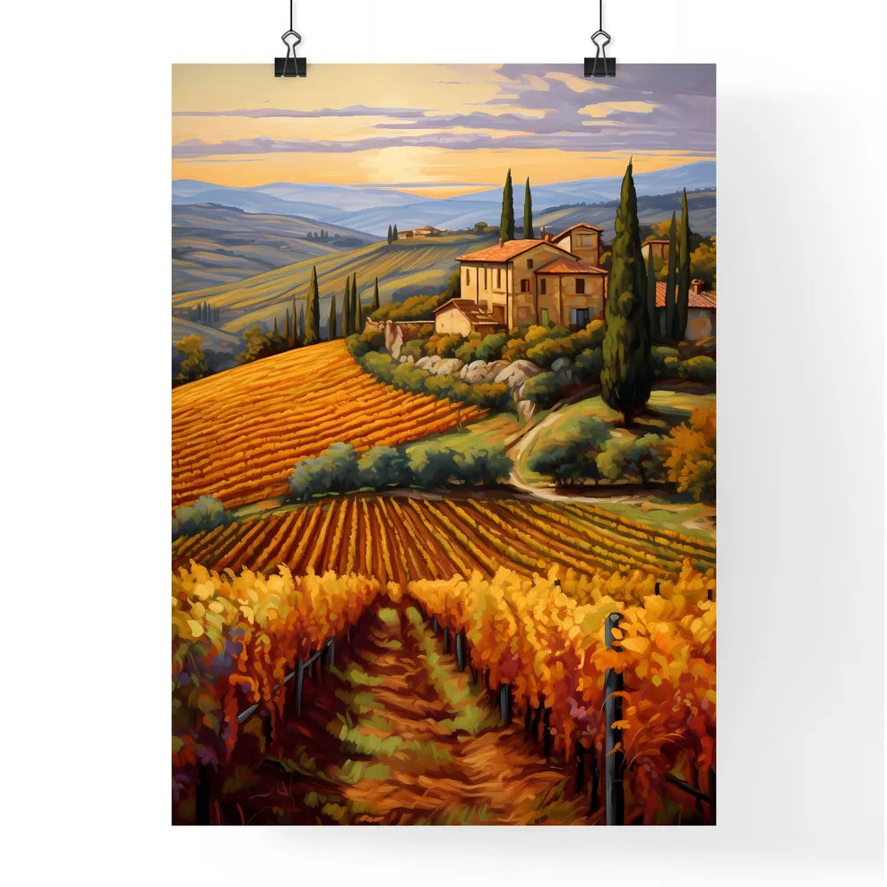 Painting Of A House On A Hill With Rows Of V Poster