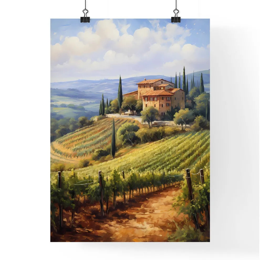 Painting Of A House On A Hill With Trees And Poster