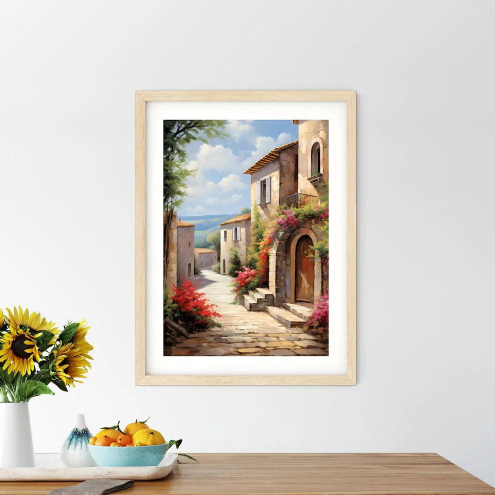 Painting Of A Stone Building With Flowers On The Side Art Print Size Chart