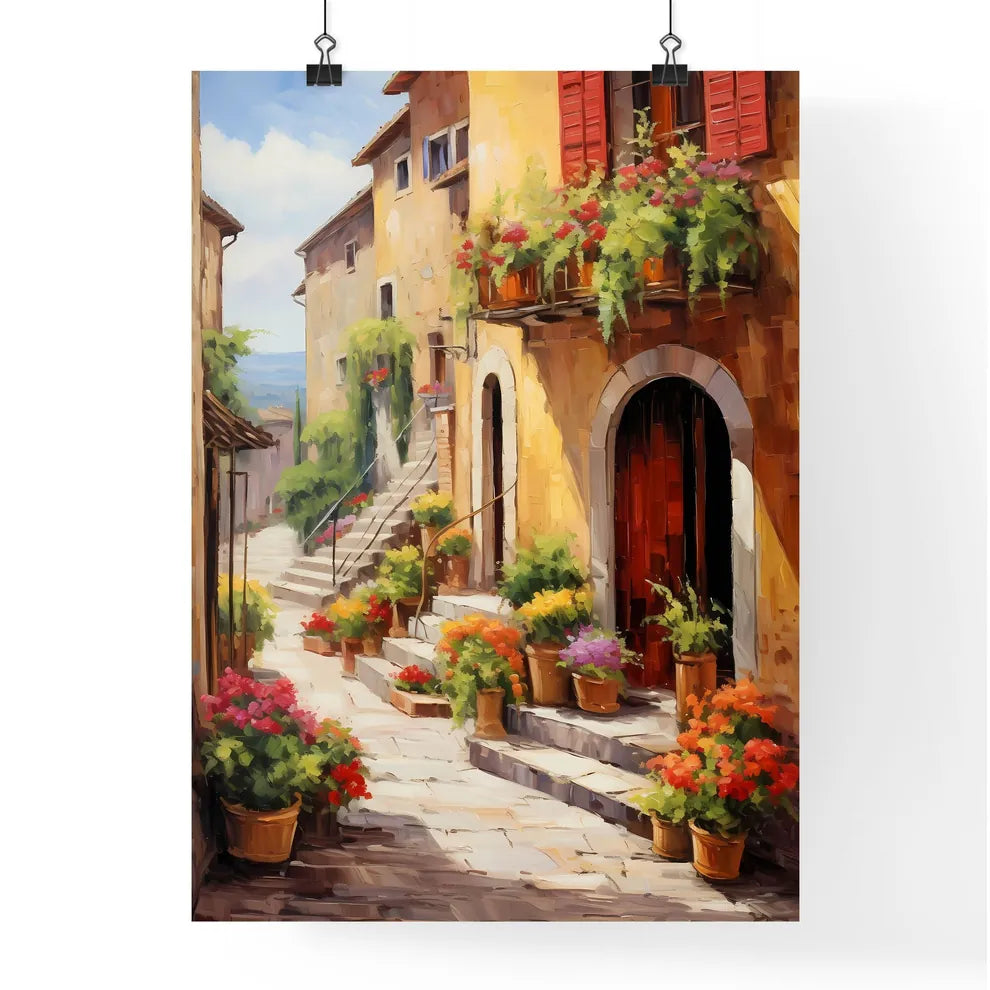 Painting Of A Street With Flowers Art Print Poster