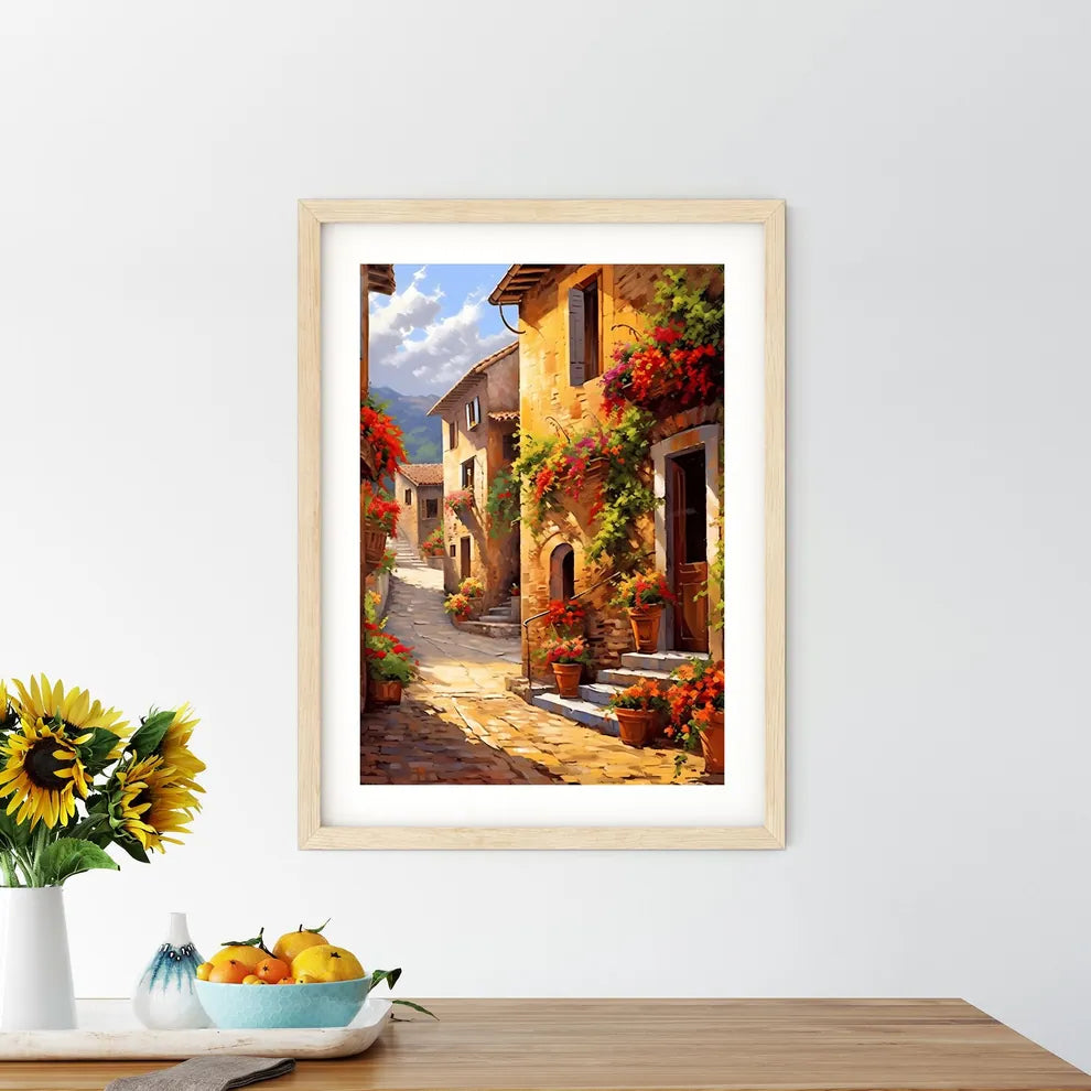 Painting Of A Street With Flowers On The Side Art Print Size Chart