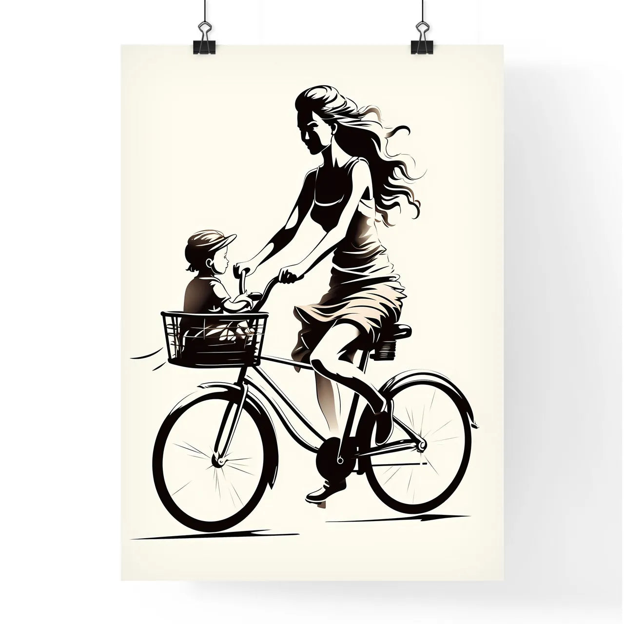 Woman Riding A Bicycle With A Child In A Bas Poster
