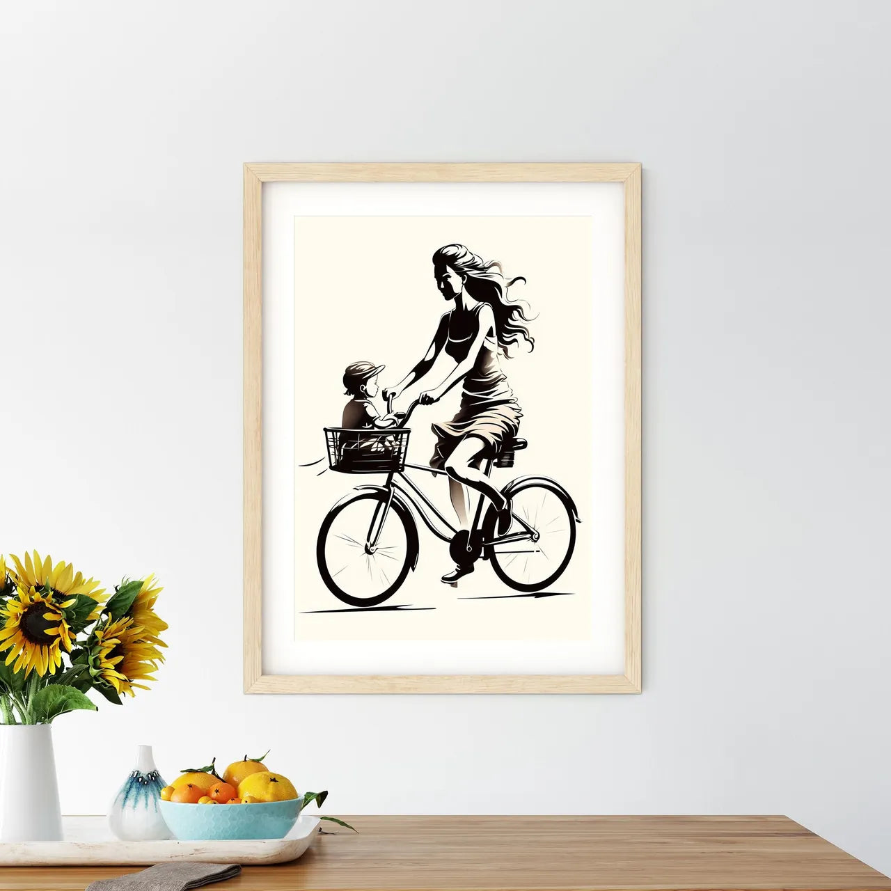 Woman Riding A Bicycle With A Child In A Bas - Kitchen Hangings