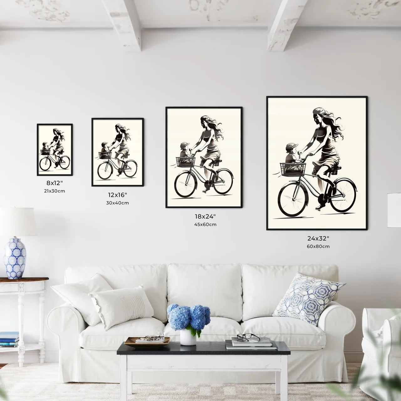Woman Riding A Bicycle With A Child In A Bas Wall Art
