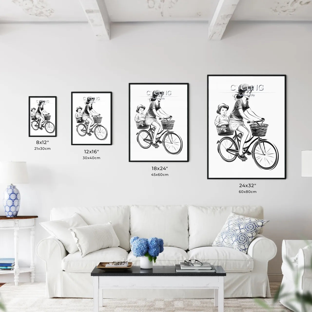 Woman Riding A Bicycle With A Baby In Basket - Kitchen Hangings