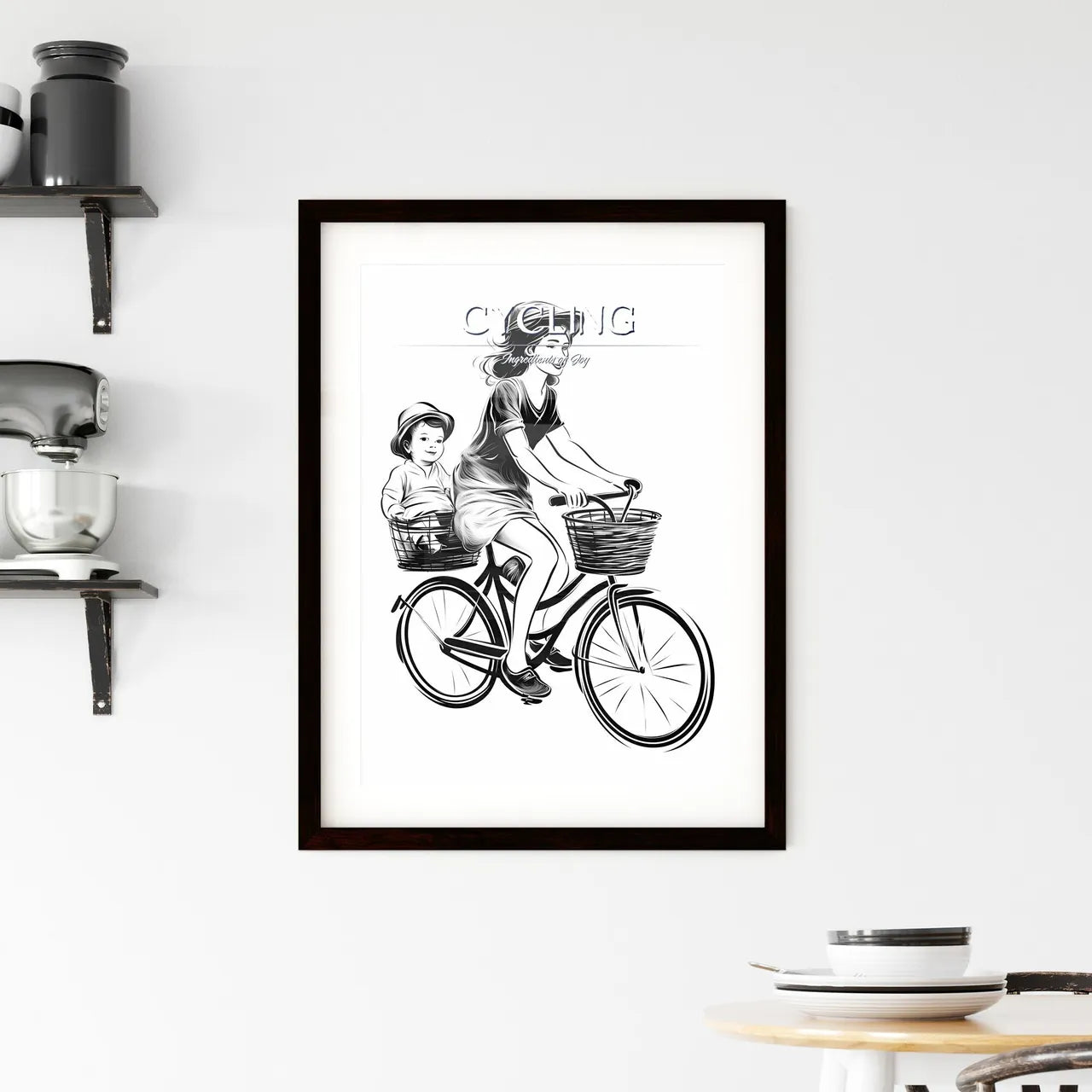 Woman Riding A Bicycle With A Baby In Basket Framed Print