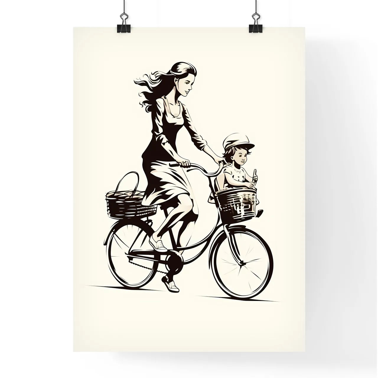 Woman Riding A Bicycle With A Child In Baske Poster