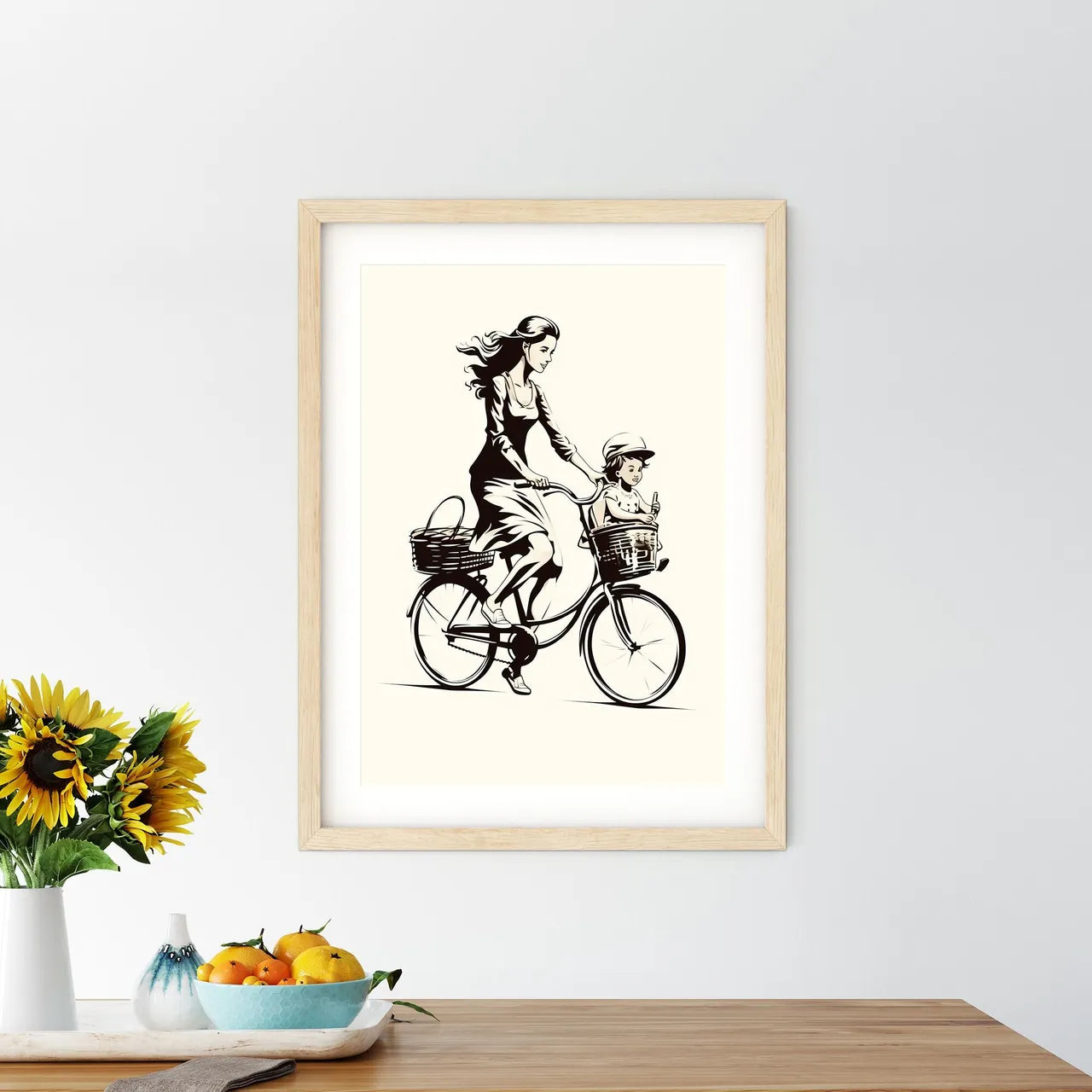 Woman Riding A Bicycle With A Child In Baske - Kitchen Hangings