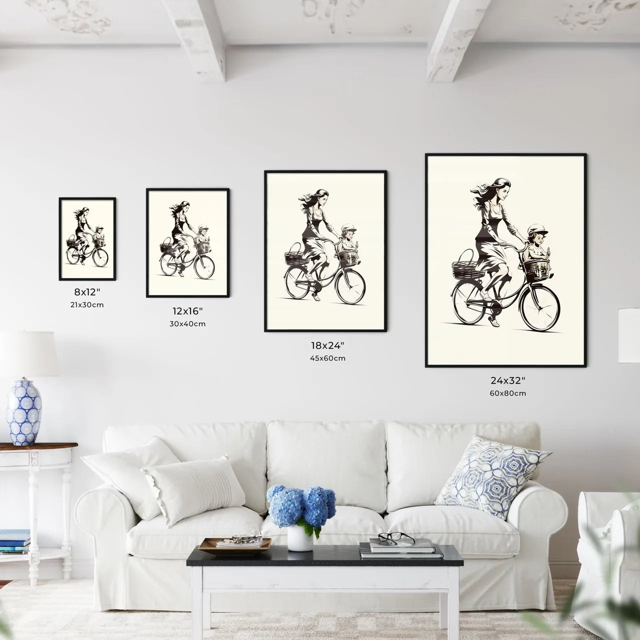 Woman Riding A Bicycle With A Child In Baske Wall Art