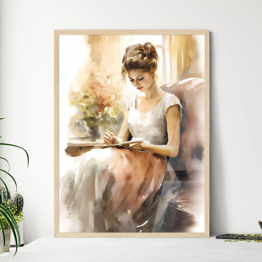 Woman Sitting On A Couch Reading A Book Art  - Framed Art Print