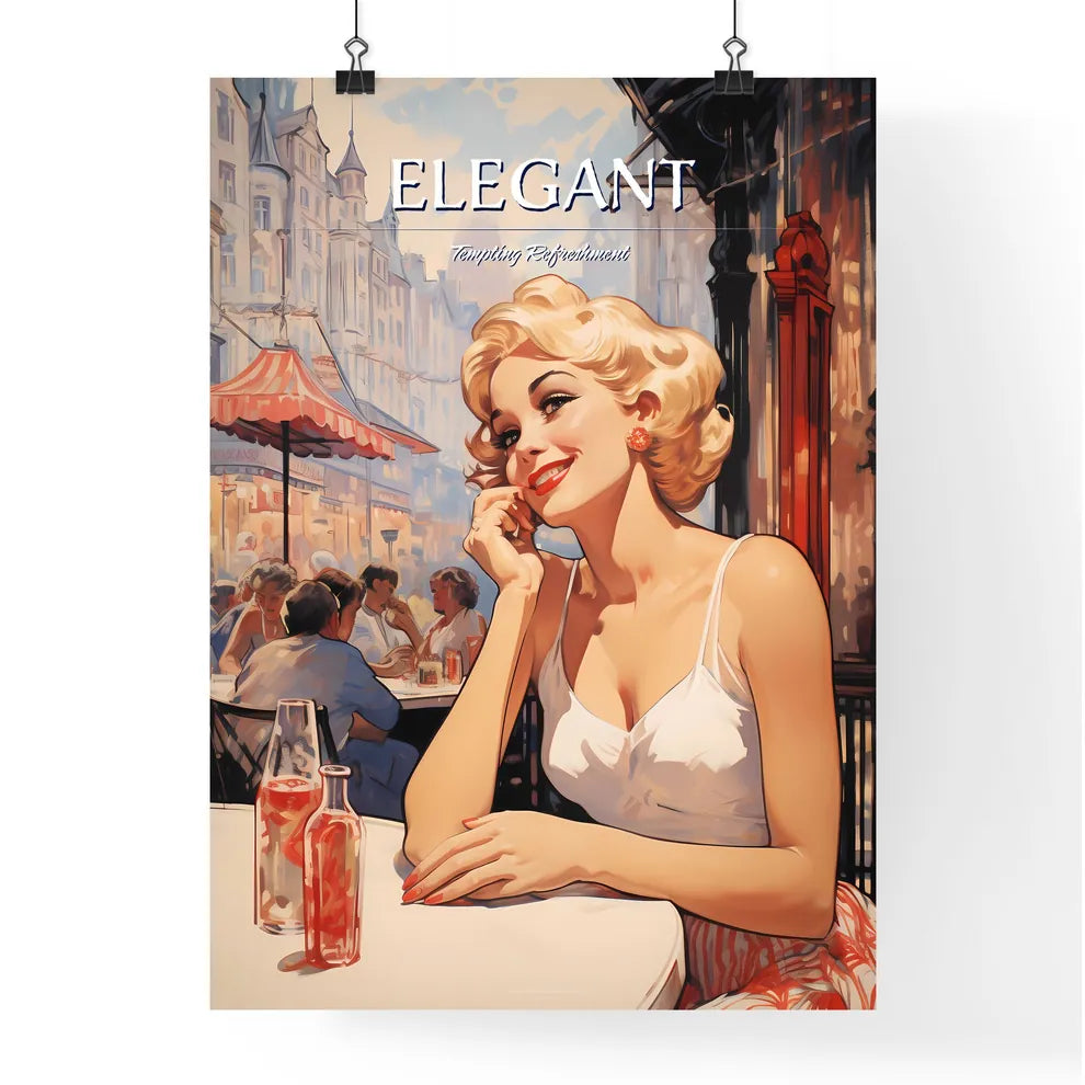 Woman Sitting At A Table With Drinks And A P Poster