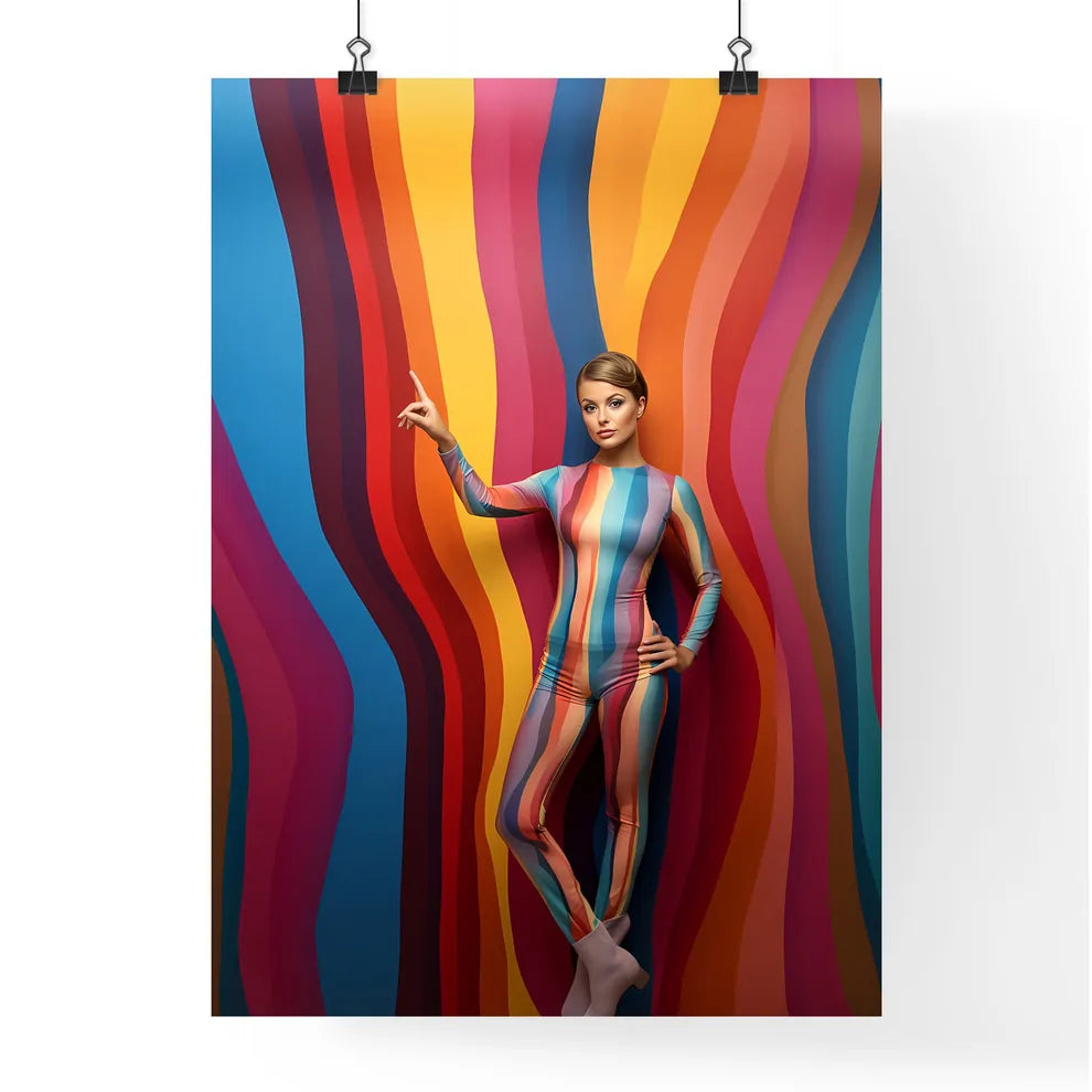 Woman In A Body Suit Pointing Up Art Prin Poster