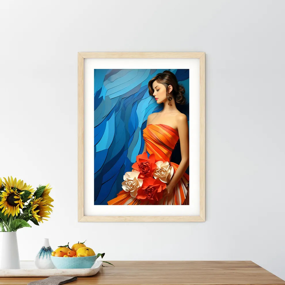 Woman In An Orange Dress With Flowers Art Pr - Kitchen Hangings