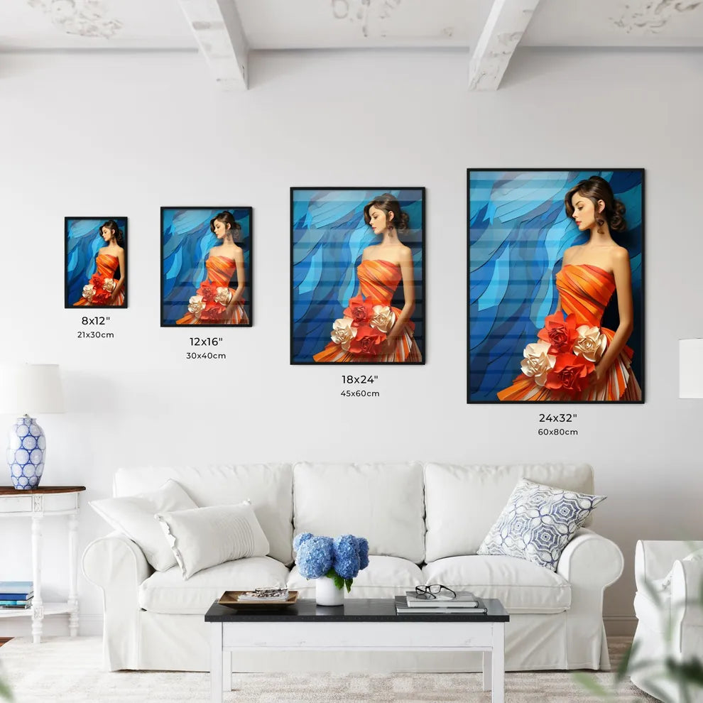 Woman In An Orange Dress With Flowers Art Pr Wall Art
