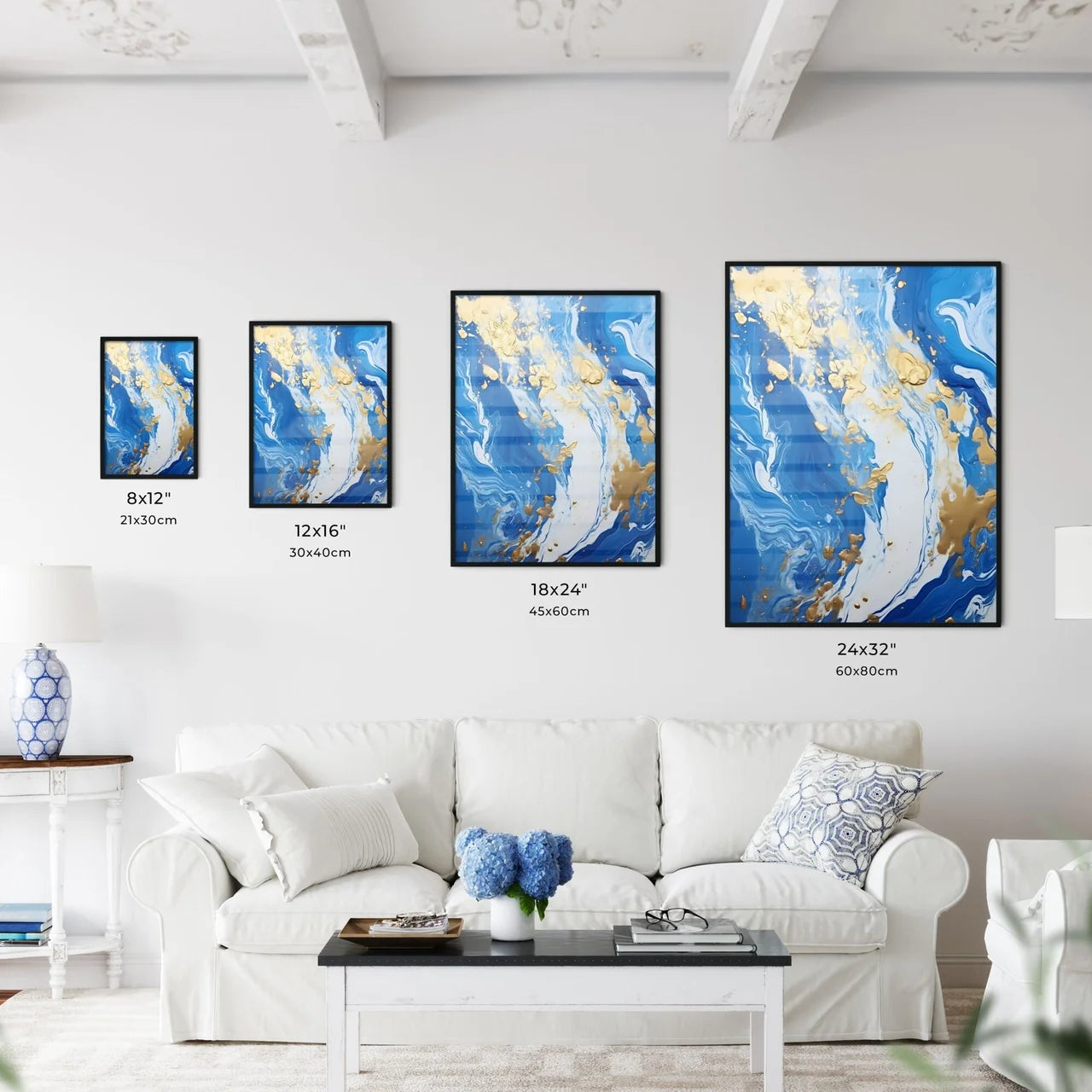 Blue And White Liquid With Gold Splatters Ar Wall Art