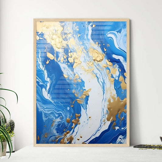 Blue And White Liquid With Gold Splatters Ar - Framed Art Print