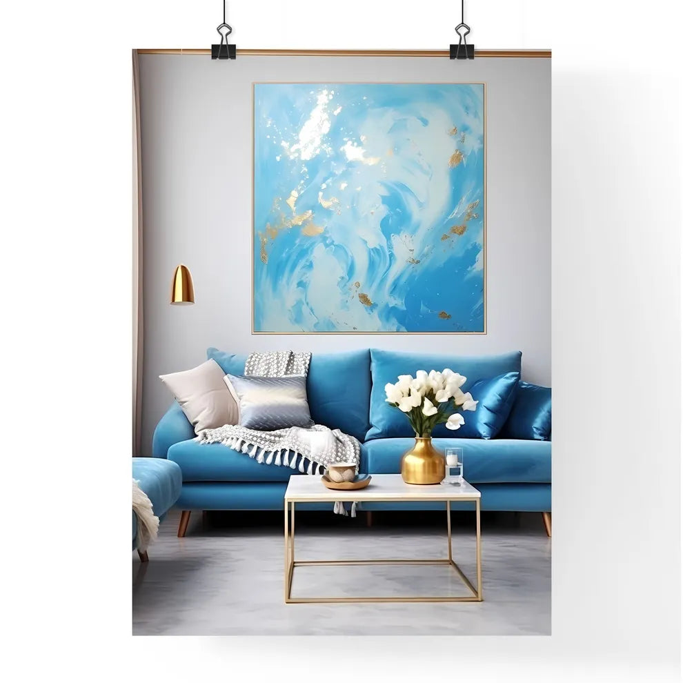Blue And Gold Living Room With A Blue Couch  Poster