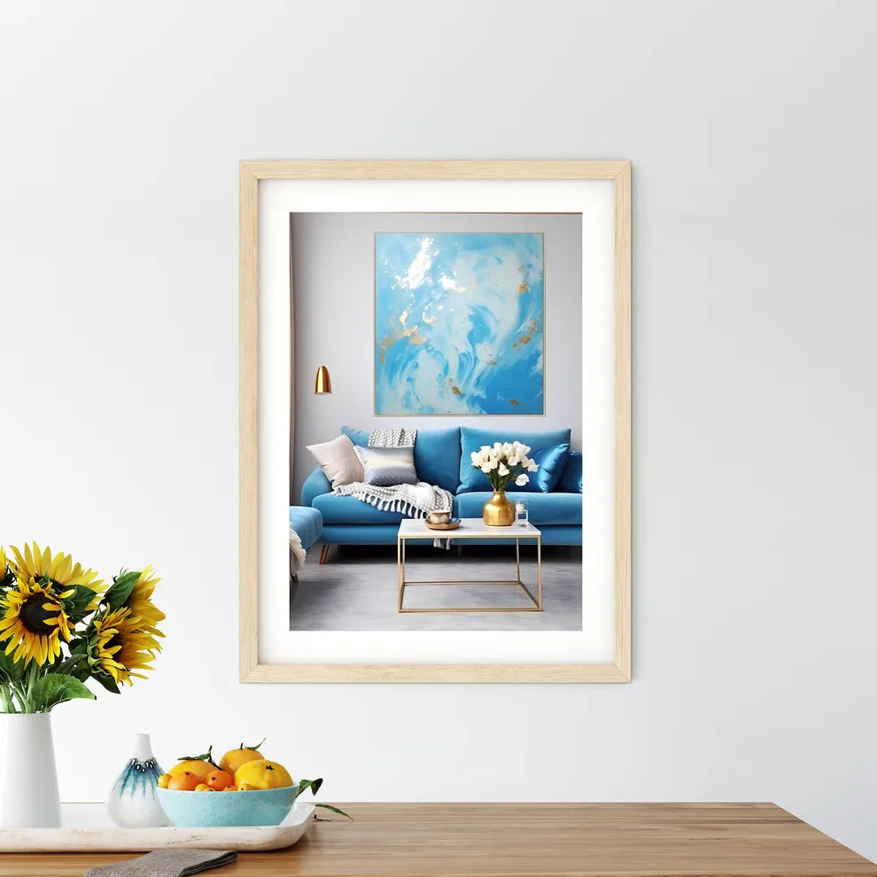 Blue And Gold Living Room With A Blue Couch  - Kitchen Hangings