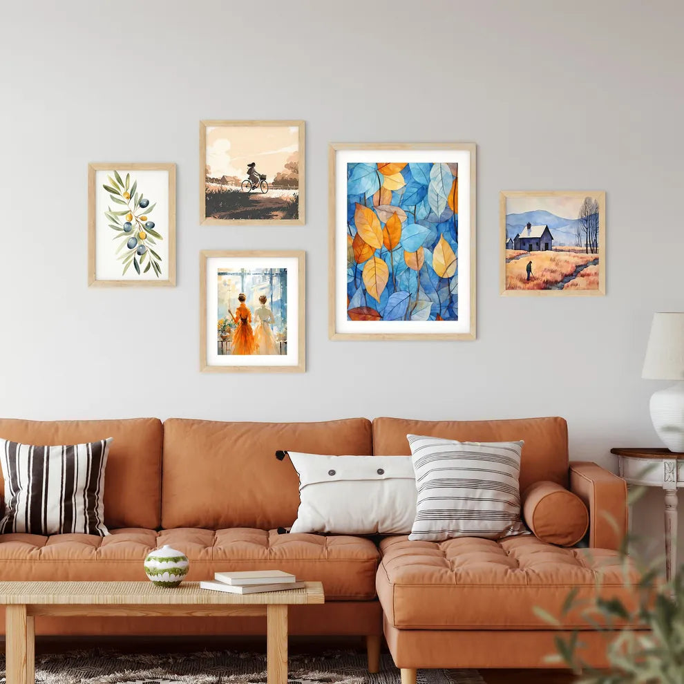 Group Of Blue And Orange Leaves Art Prin Framed Print