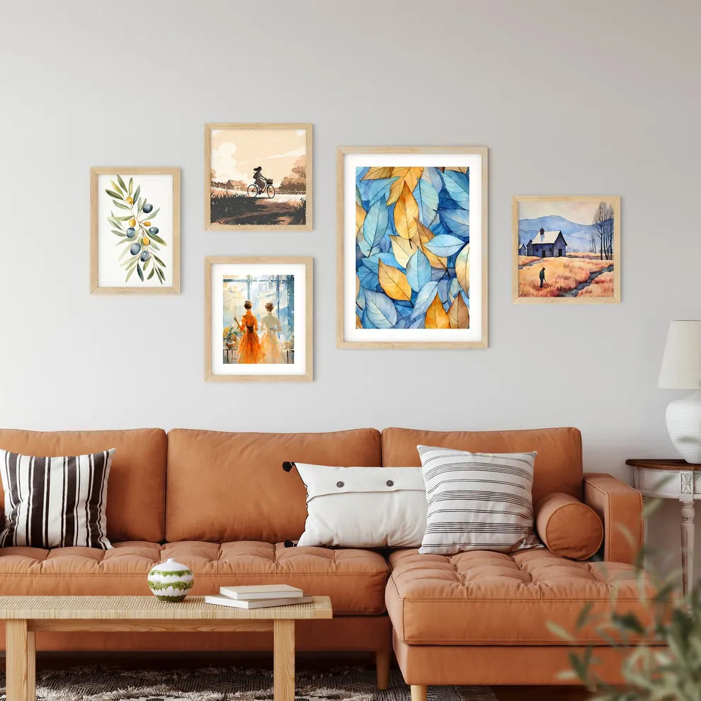 Group Of Blue And Yellow Leaves Art Prin Framed Print