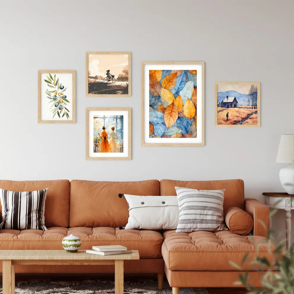 Group Of Orange And Blue Leaves Art Prin Framed Print