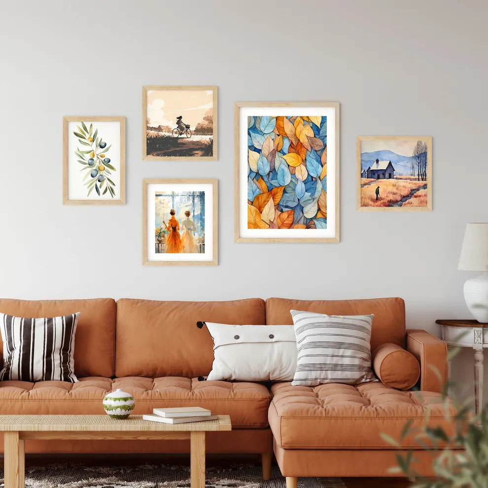 Group Of Blue And Orange Leaves Art Prin Framed Print