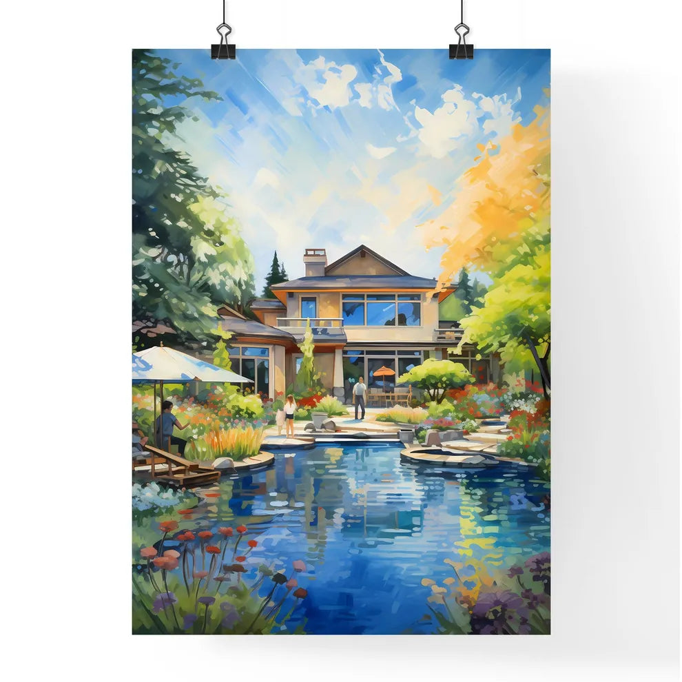 Painting Of A House With A Pond And Trees Art Print Poster