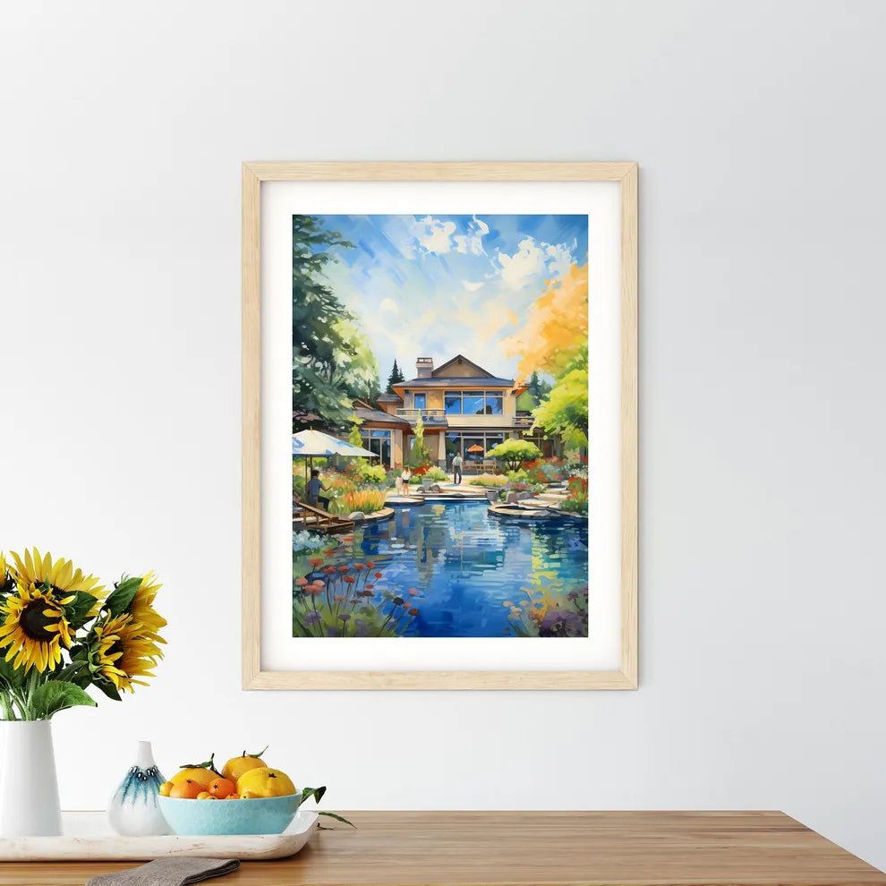 Painting Of A House With A Pond And Trees Art Print Size Chart