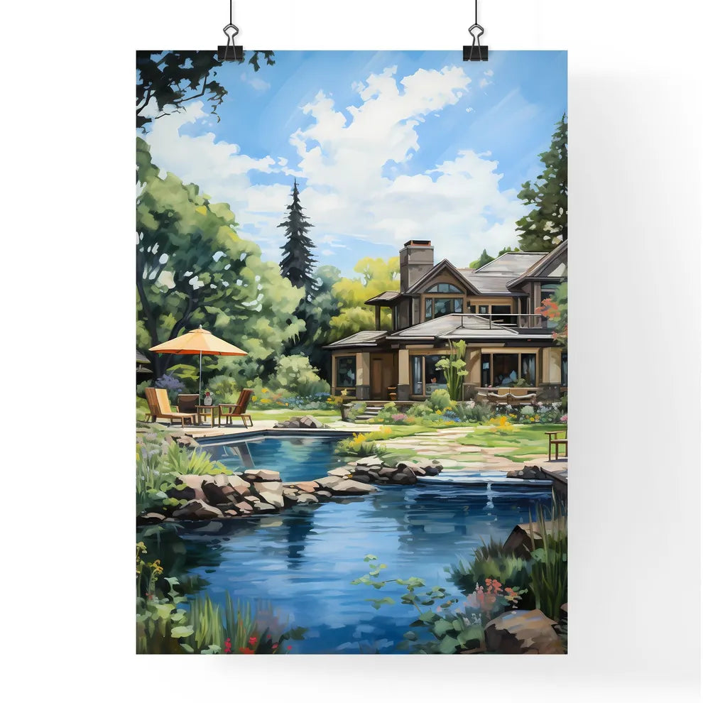 House With A Pond And A Patio Art Print Poster