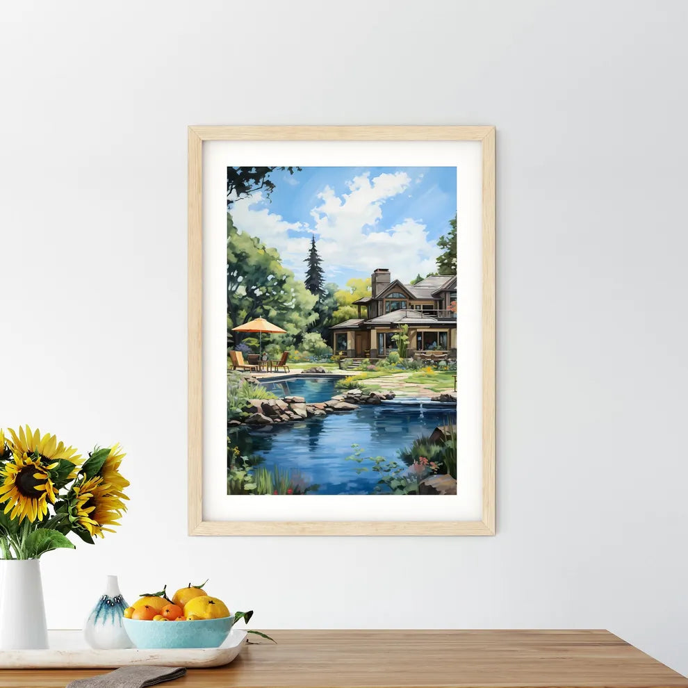 House With A Pond And A Patio Art Print Size Chart