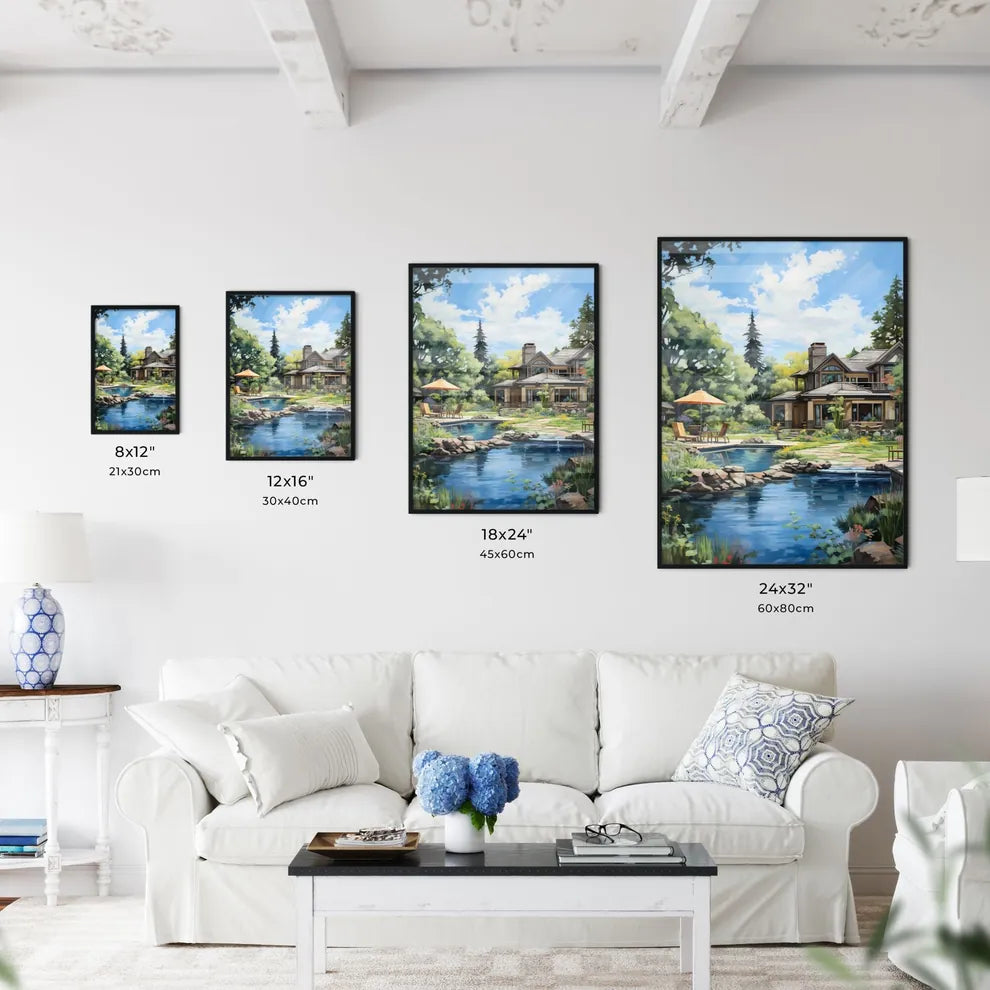 House With A Pond And A Patio Art Print Interior Design
