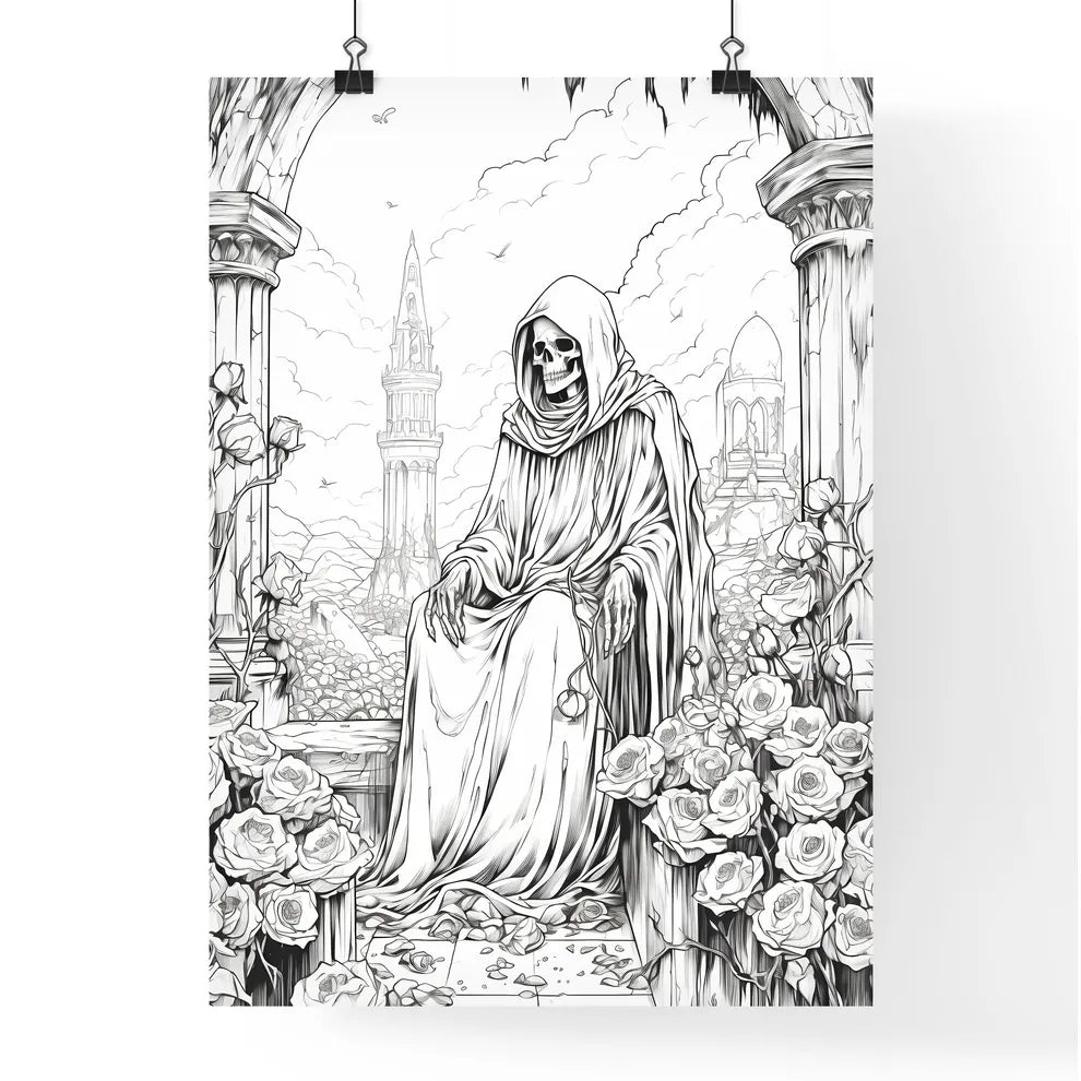 Skeleton In A Robe Sitting On A Stone Ledge With Roses Art Print Poster