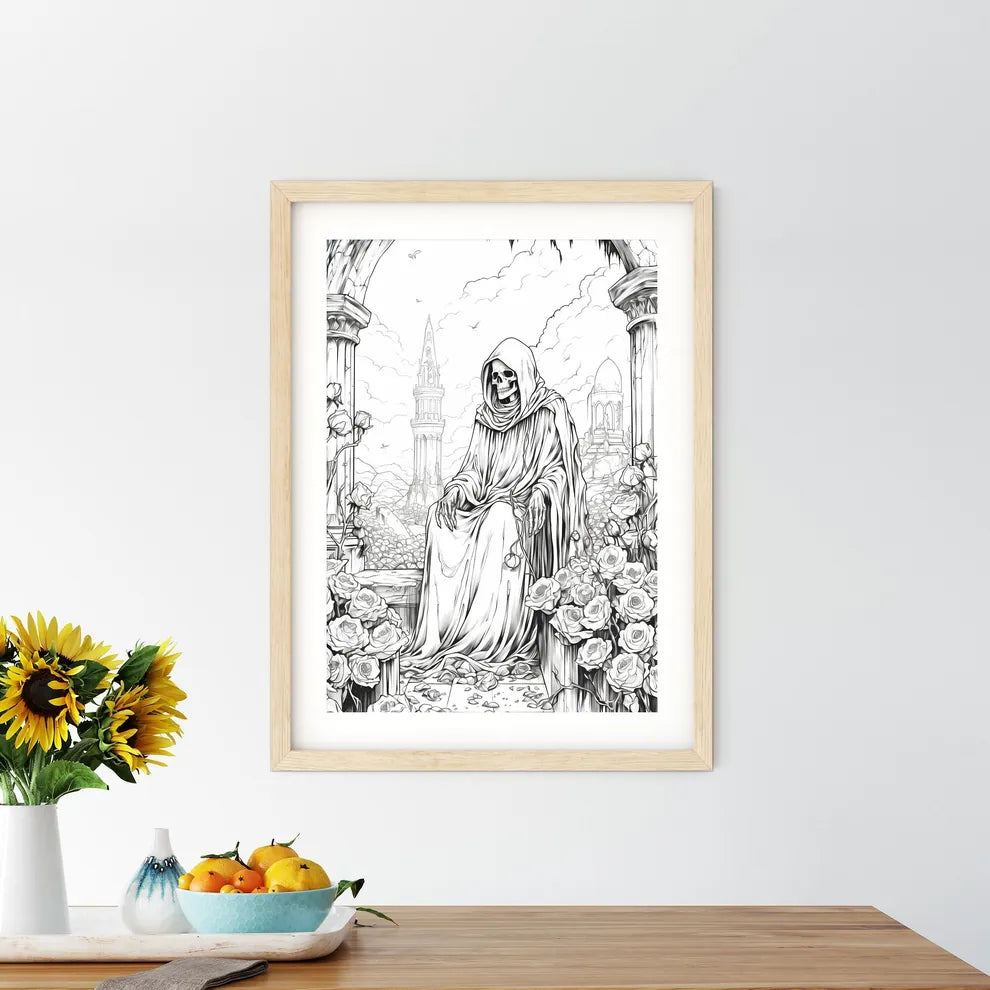 Skeleton In A Robe Sitting On A Stone Ledge With Roses Art Print Size Chart