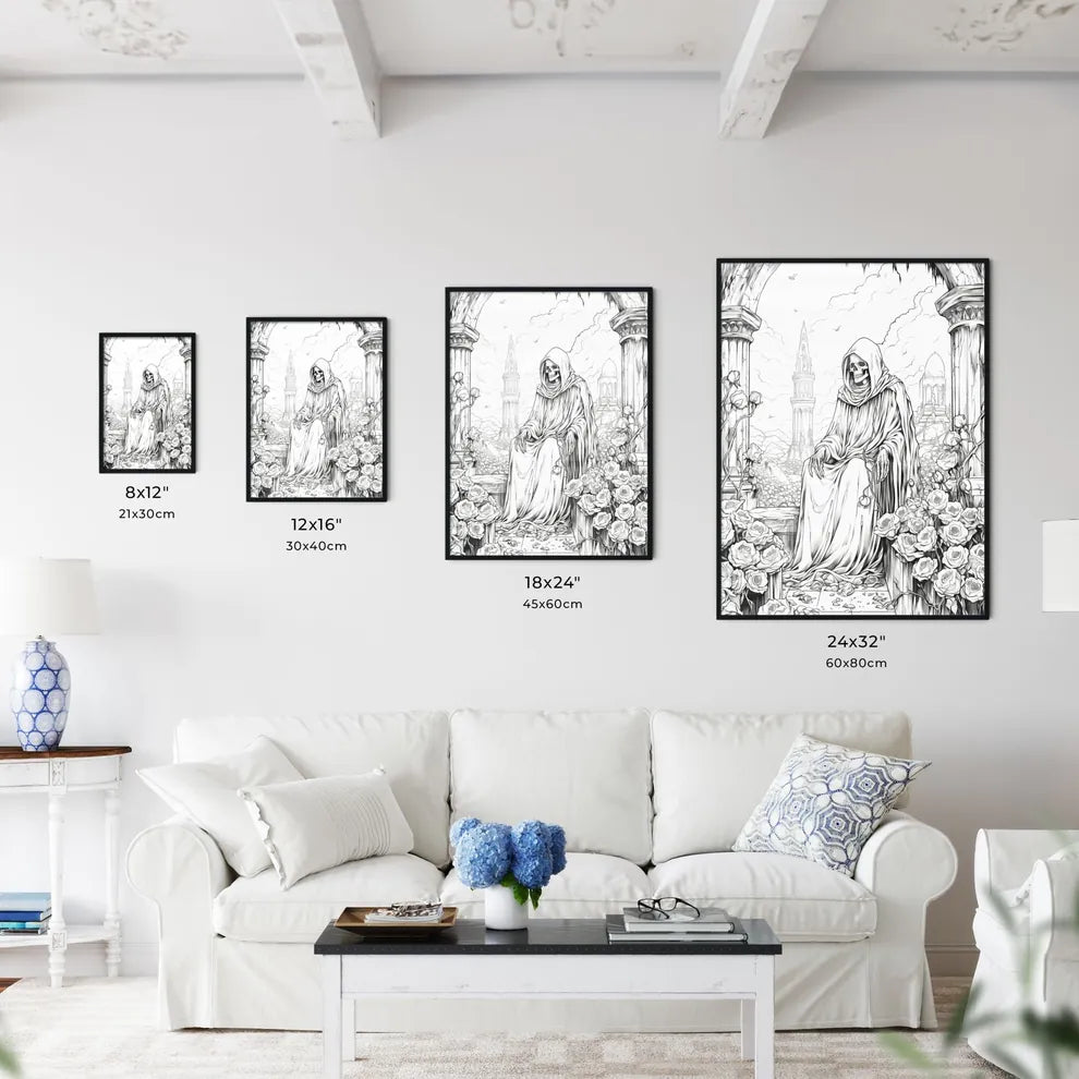 Skeleton In A Robe Sitting On A Stone Ledge With Roses Art Print Interior Design