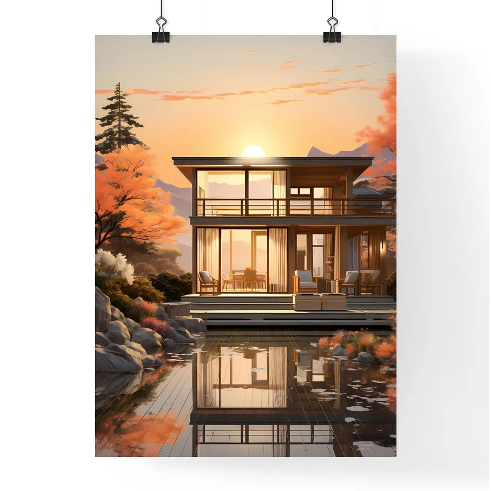 House With A Pond And Trees Art Print Poster