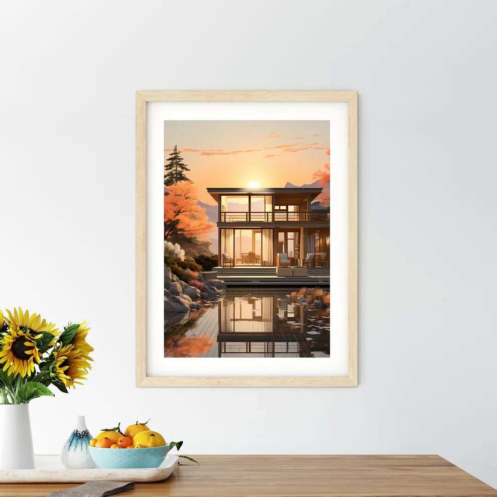 House With A Pond And Trees Art Print Size Chart