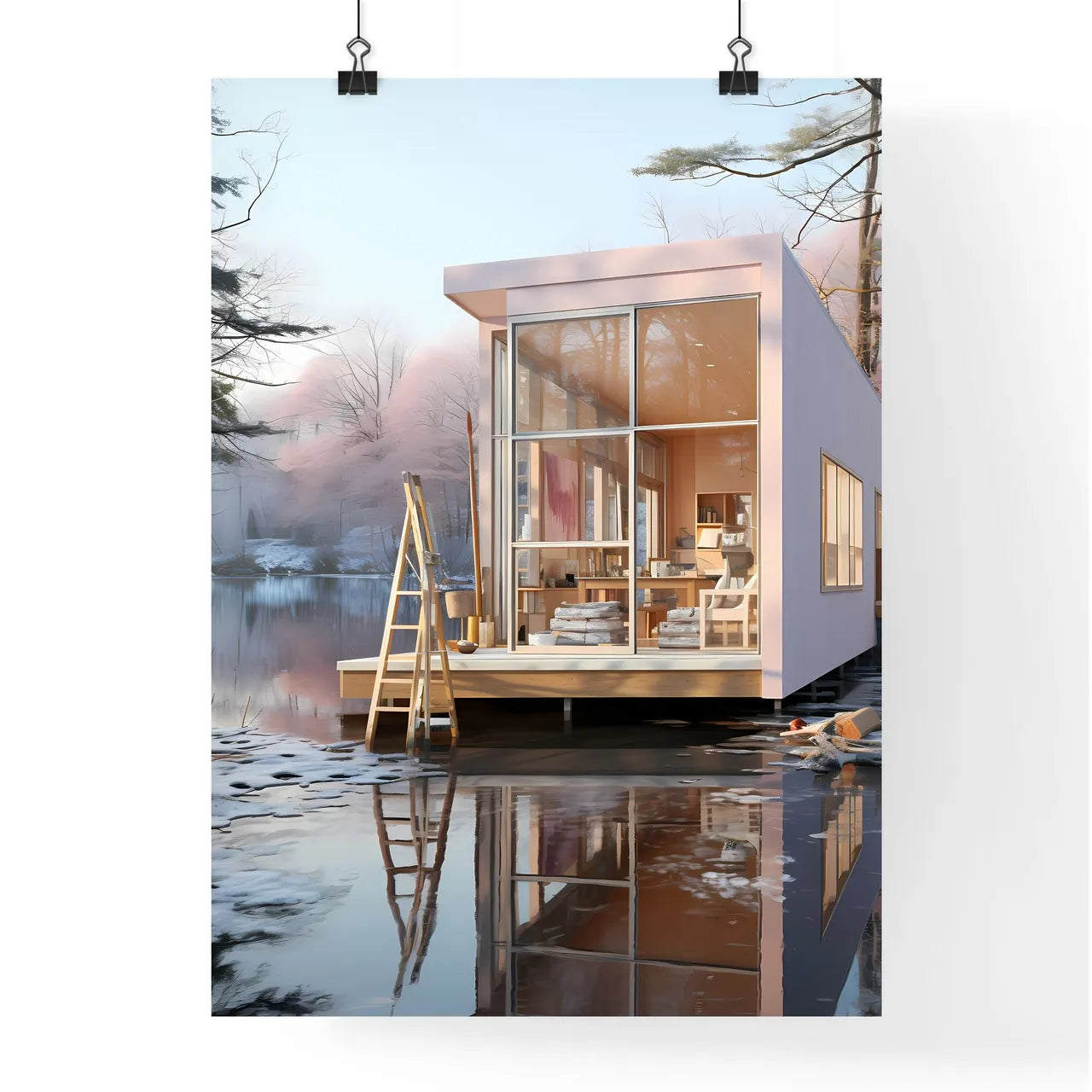 Small White House On A Lake Art Print Poster