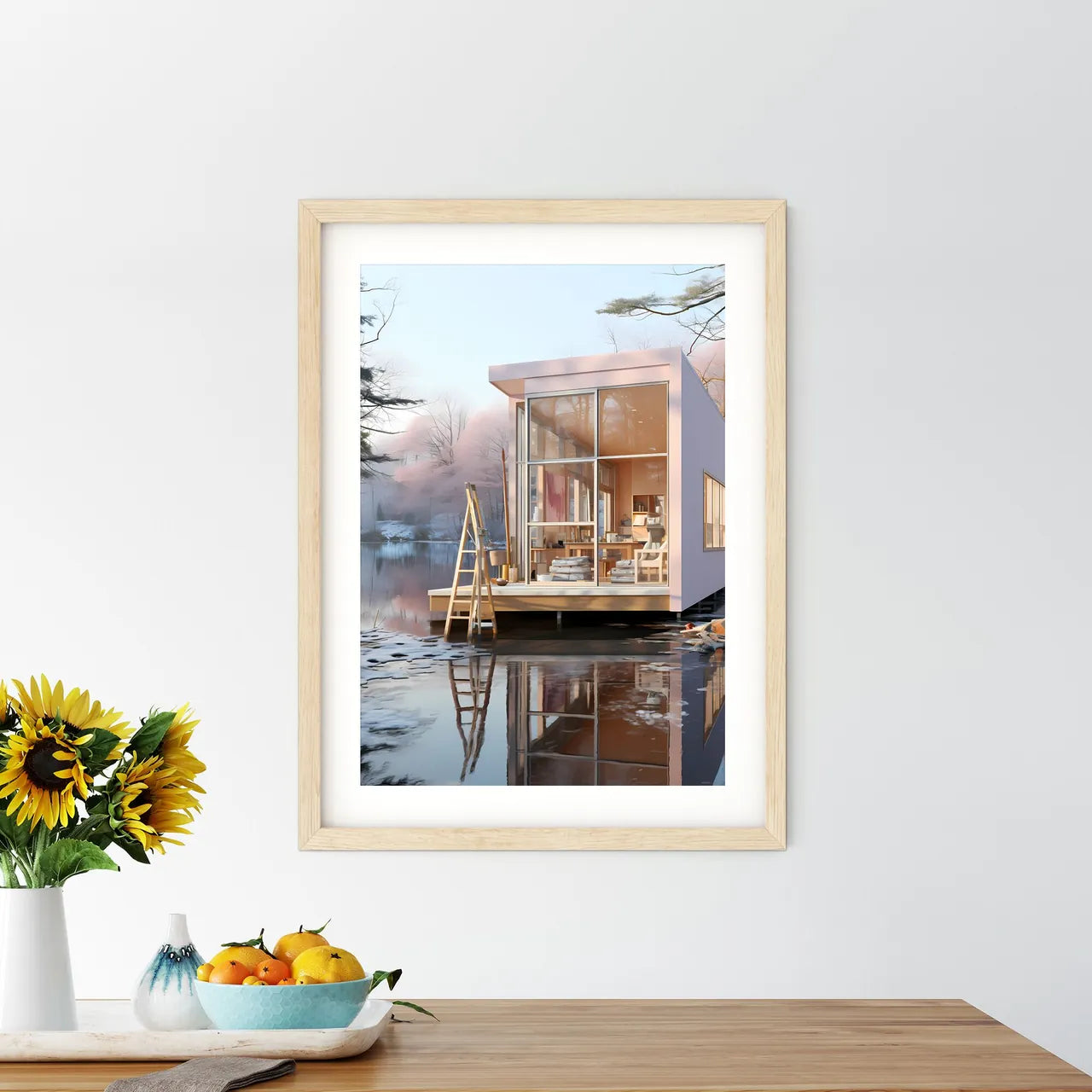 Small White House On A Lake Art Print Size Chart