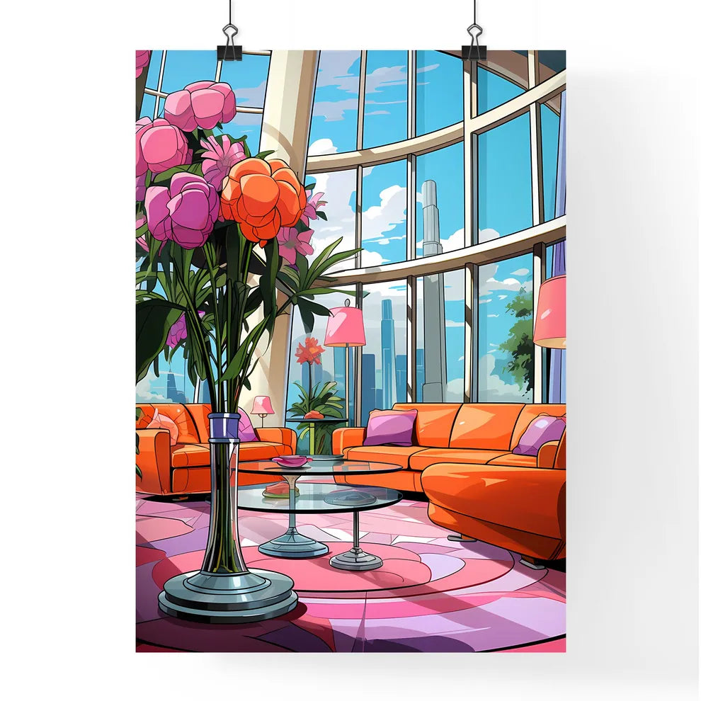 Living Room With Orange Couches And Flowers  Poster