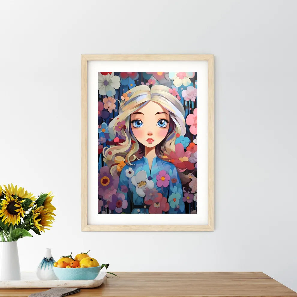 Cartoon Girl With Flowers Art Prin - Kitchen Hangings